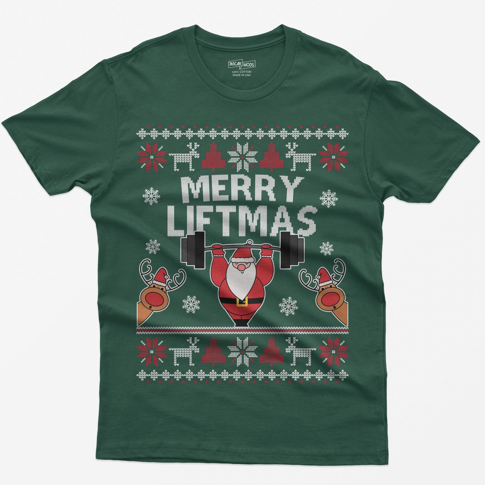 Forest Green t-shirt with ugly sweater style Merry Liftmas print, Santa lifting a barbell overhead with two reindeer