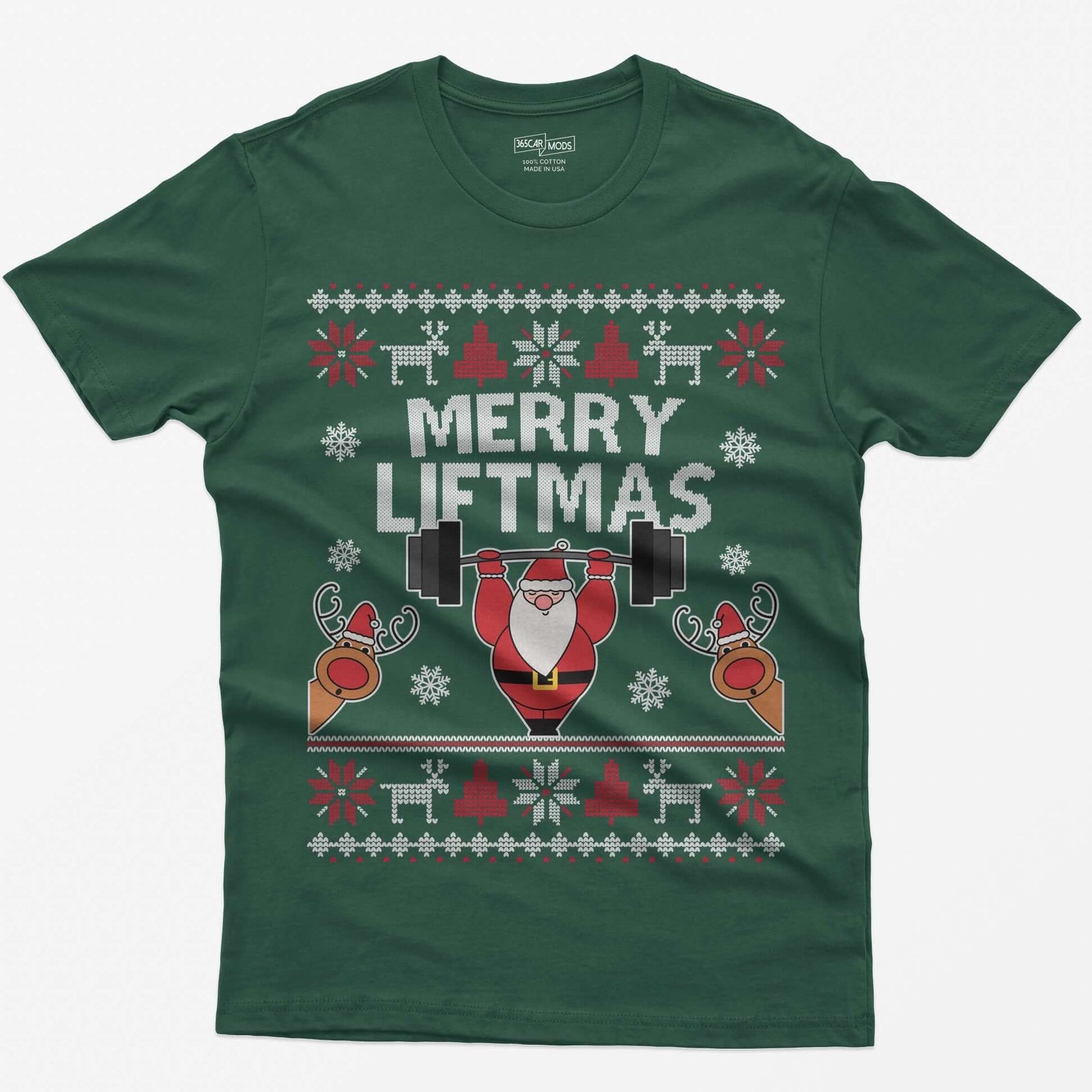 Forest Green t-shirt with ugly sweater style Merry Liftmas print, Santa lifting a barbell overhead with two reindeer
