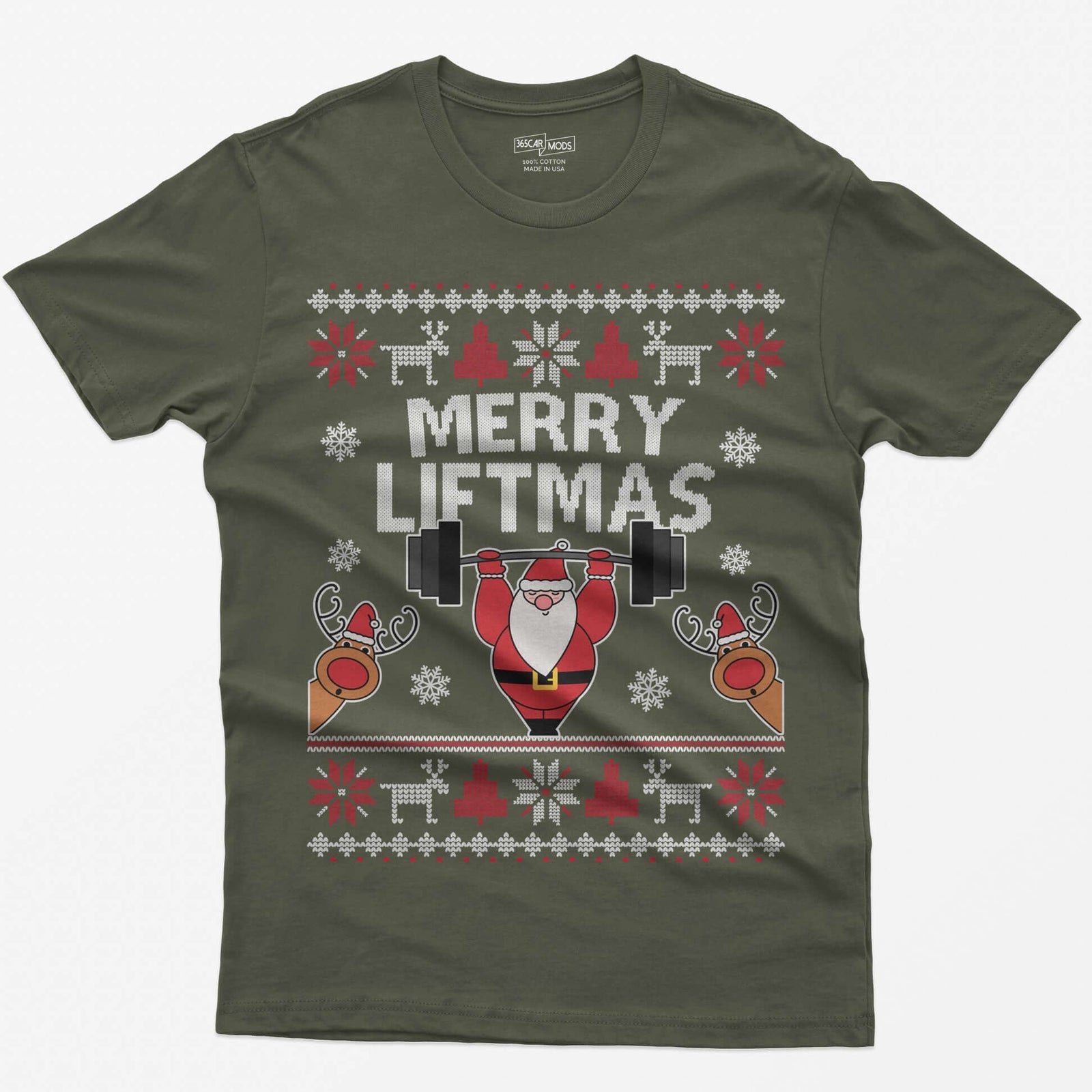 Military Green t-shirt with ugly sweater style Merry Liftmas print, Santa lifting a barbell overhead with two reindeer