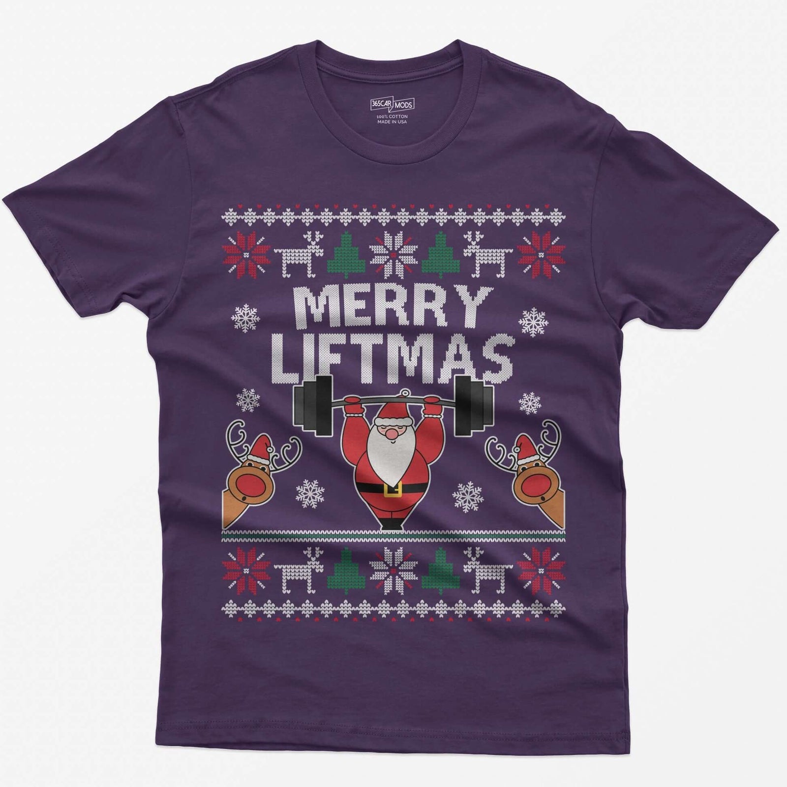 Purple t-shirt with ugly sweater style Merry Liftmas print, Santa lifting a barbell overhead with two reindeer