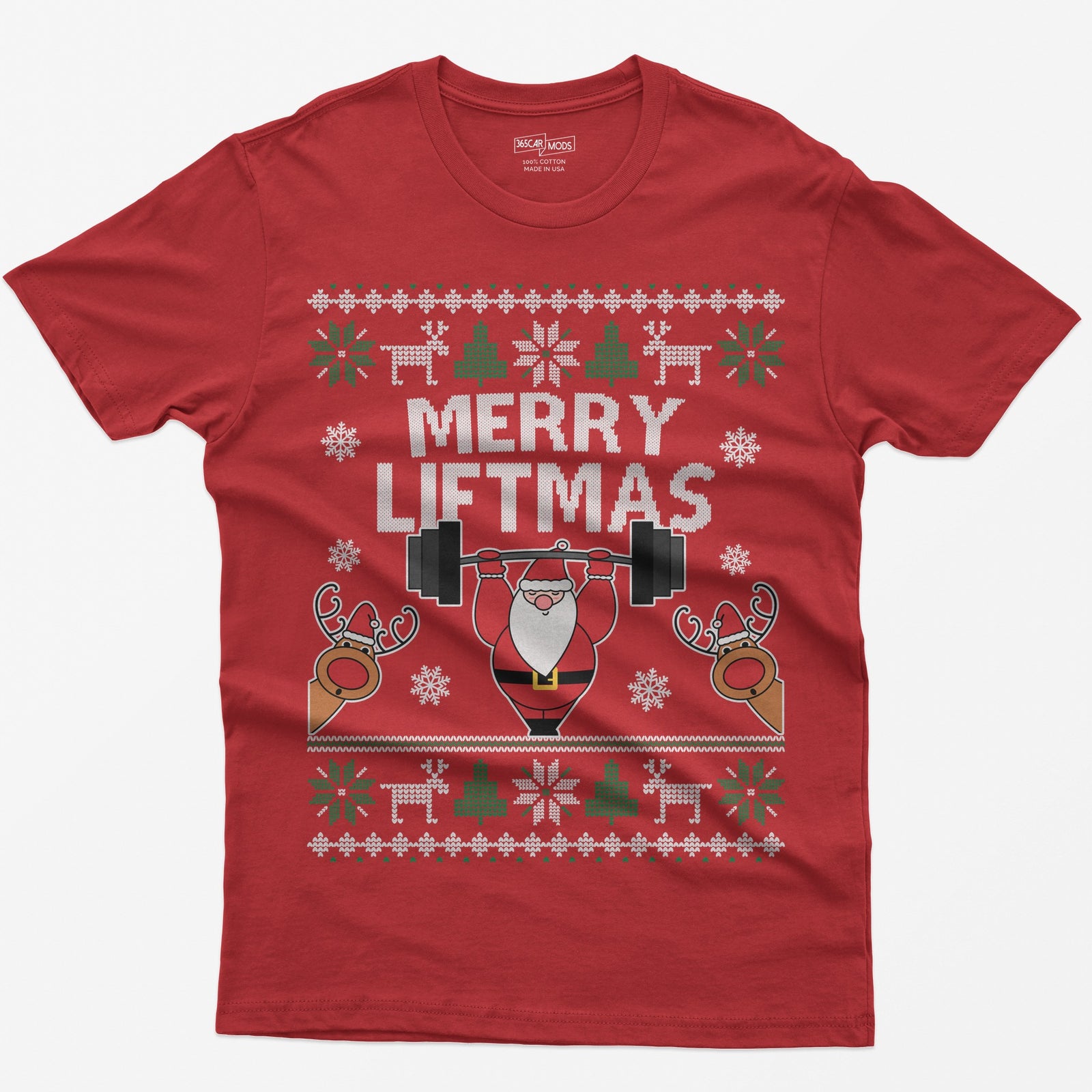 Red t-shirt with ugly sweater style Merry Liftmas print, Santa lifting a barbell overhead with two reindeer