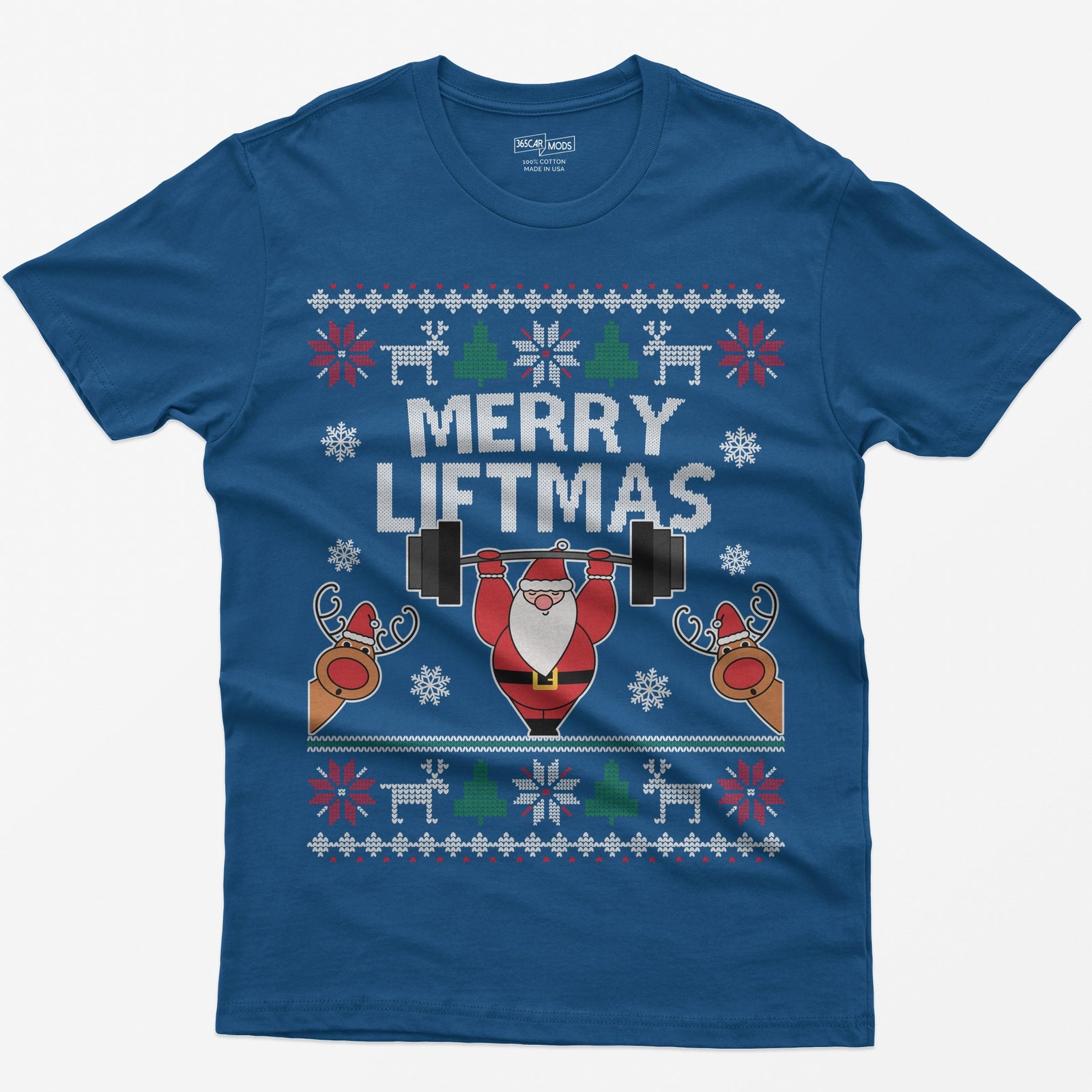 Royal t-shirt with ugly sweater style Merry Liftmas print, Santa lifting a barbell overhead with two reindeer