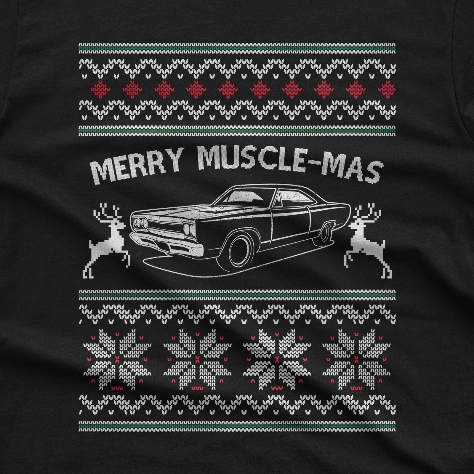 Merry Muscle-mas Classic Muscle Car Christmas T-Shirt design close-up