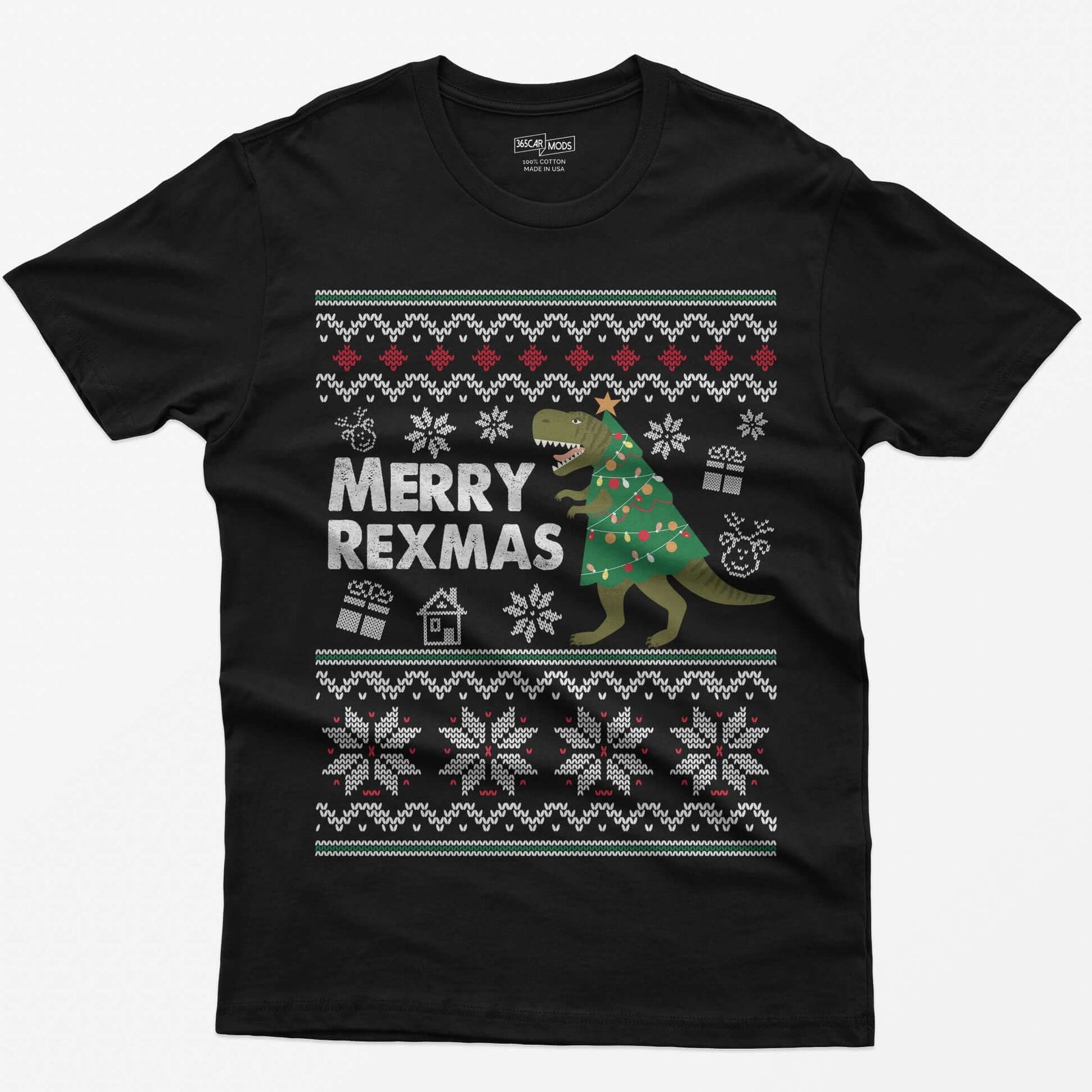 Black t-shirt with Merry Rexmas, a green T-Rex dressed as a Christmas tree and a knit ugly sweater pattern