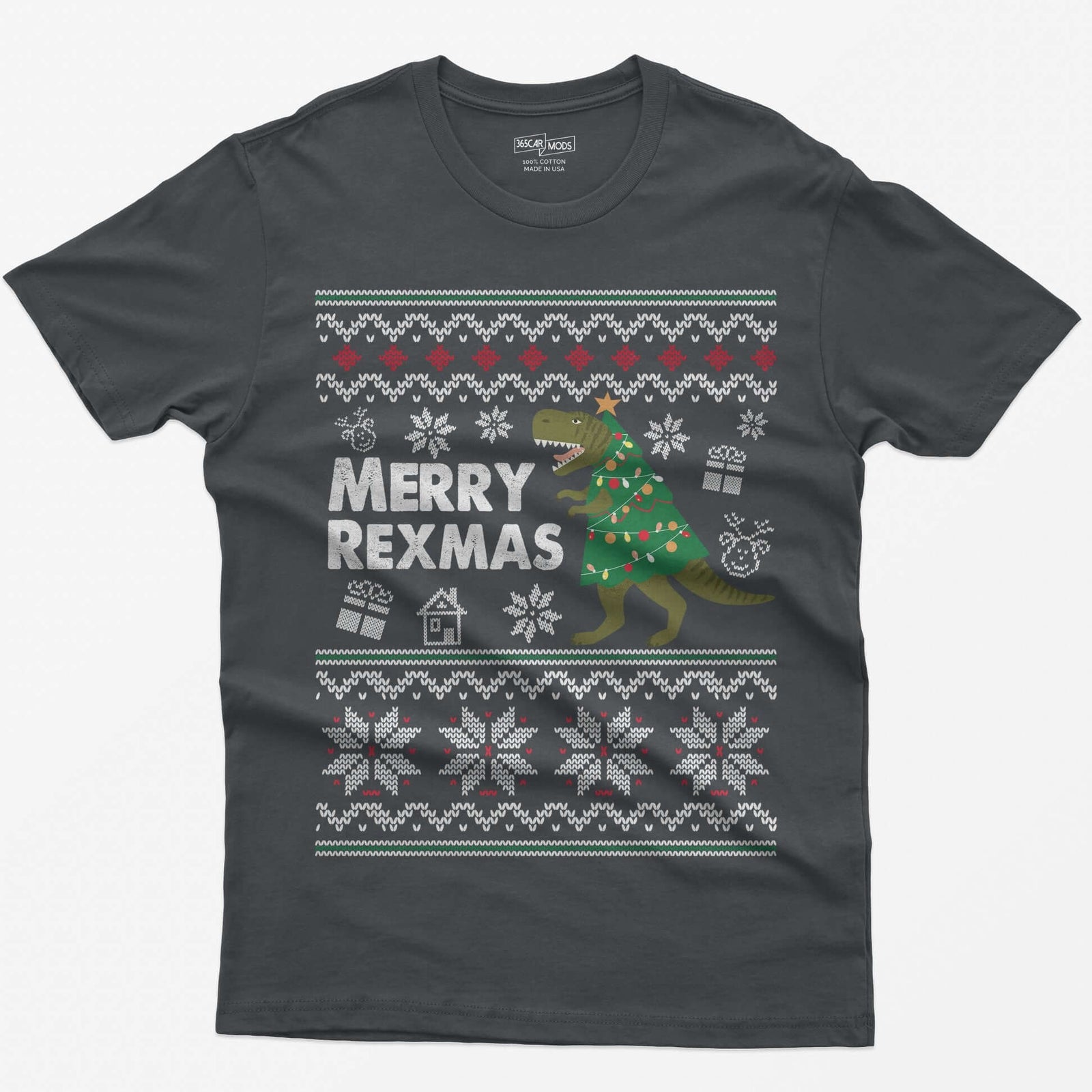 Charcoal t-shirt with Merry Rexmas, a green T-Rex dressed as a Christmas tree and a knit ugly sweater pattern