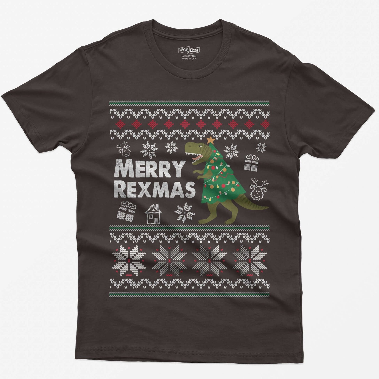 Dark Chocolate t-shirt with Merry Rexmas, a green T-Rex dressed as a Christmas tree and a knit ugly sweater pattern