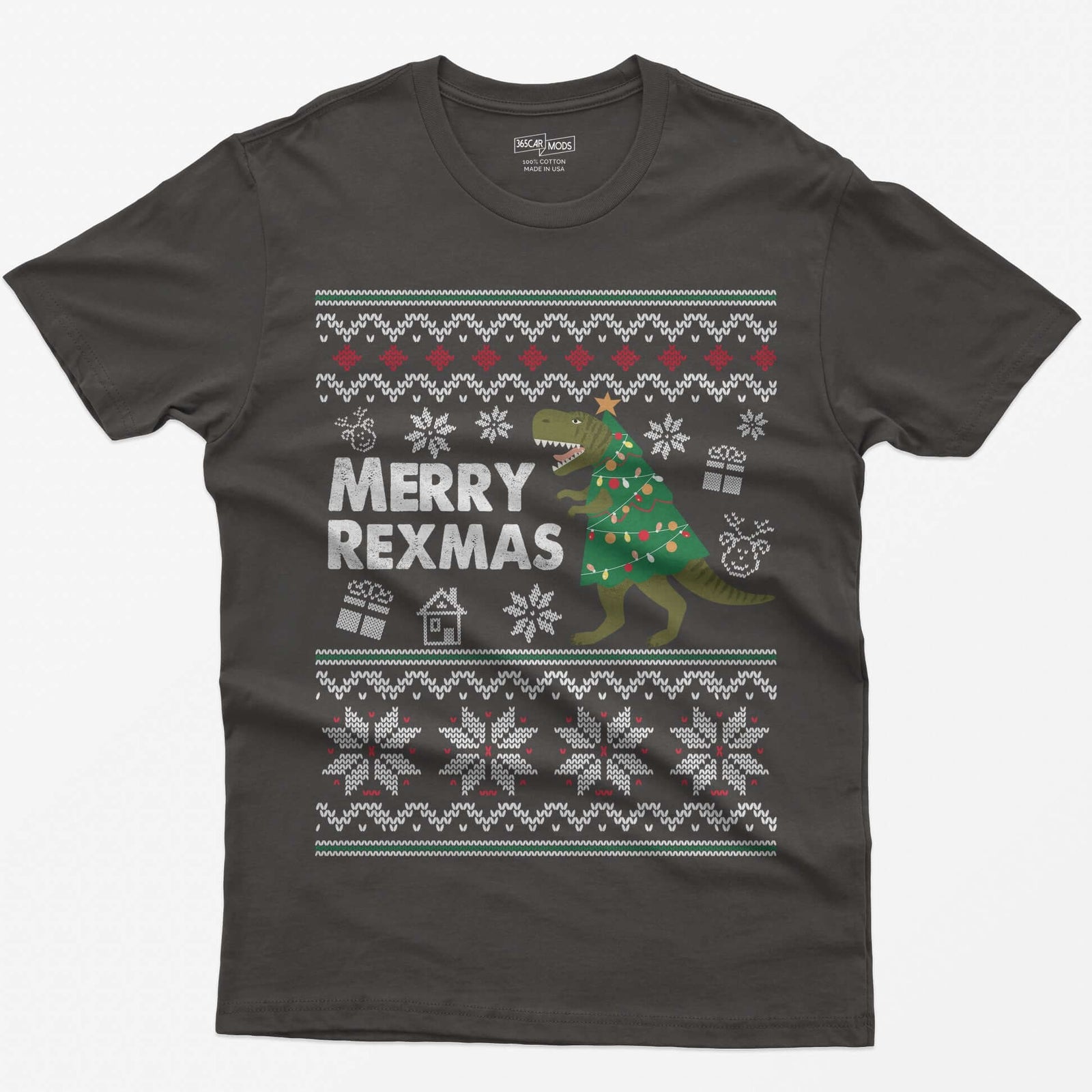 Dark Heather t-shirt with Merry Rexmas, a green T-Rex dressed as a Christmas tree and a knit ugly sweater pattern