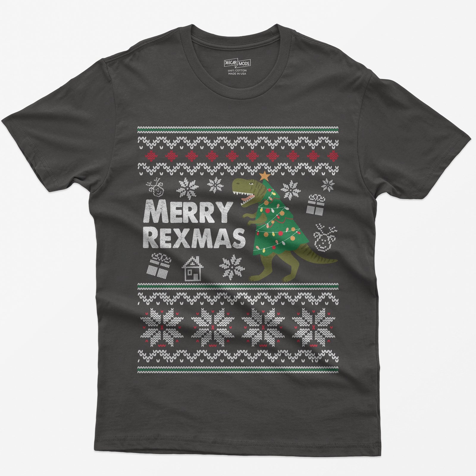 Dark Heather t-shirt with Merry Rexmas, a green T-Rex dressed as a Christmas tree and a knit ugly sweater pattern