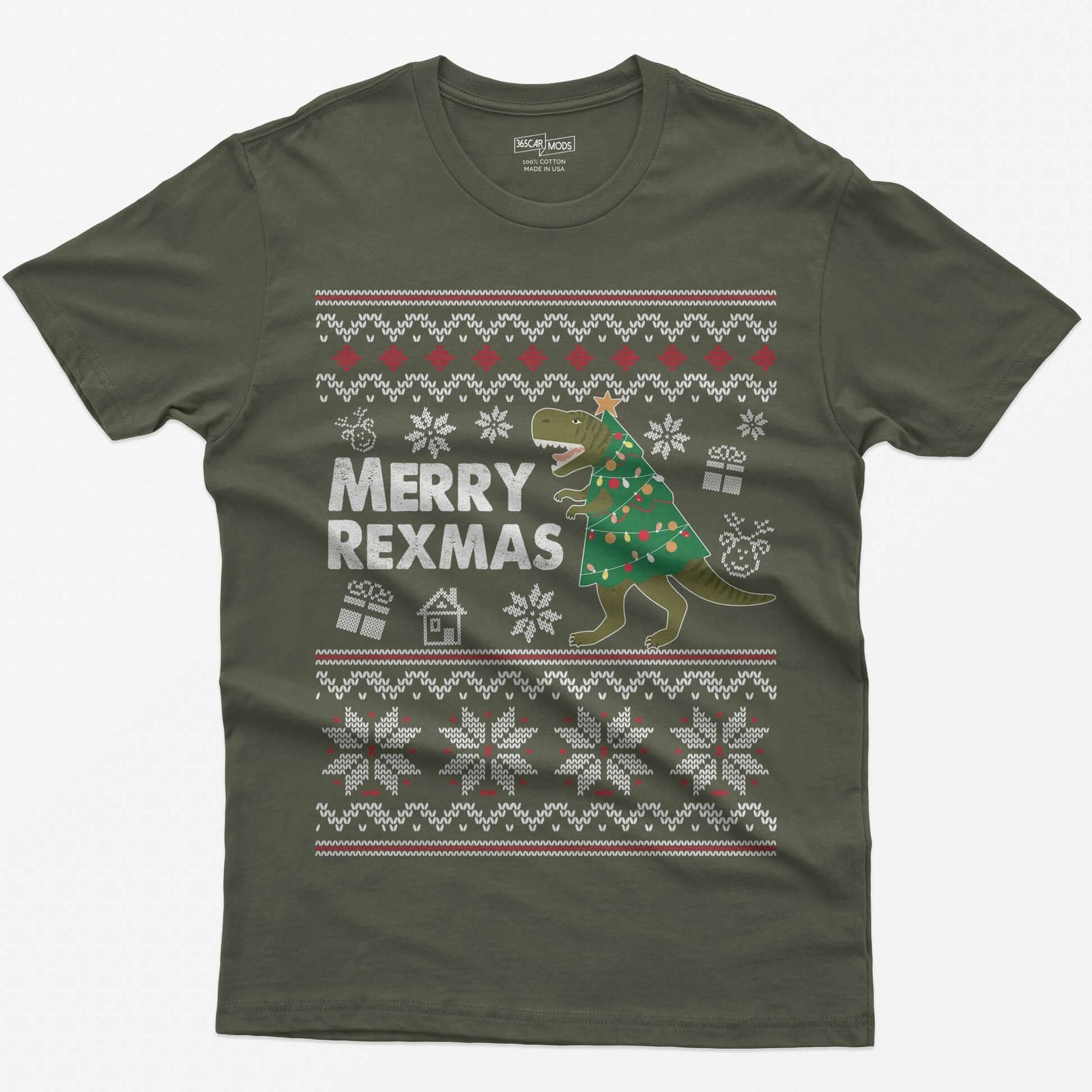 Military Green t-shirt with Merry Rexmas, a green T-Rex dressed as a Christmas tree and a knit ugly sweater pattern