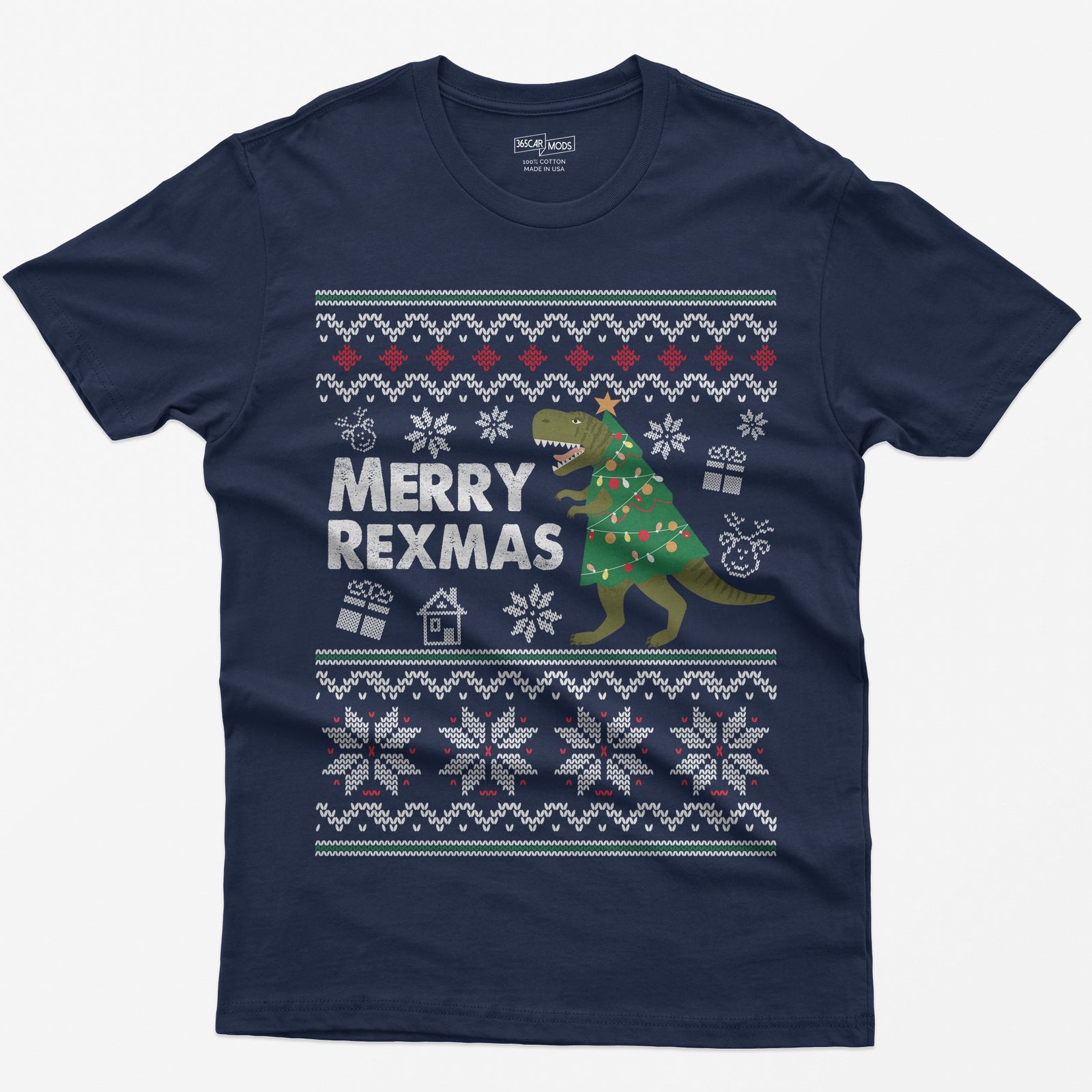 Navy t-shirt with Merry Rexmas, a green T-Rex dressed as a Christmas tree and a knit ugly sweater pattern