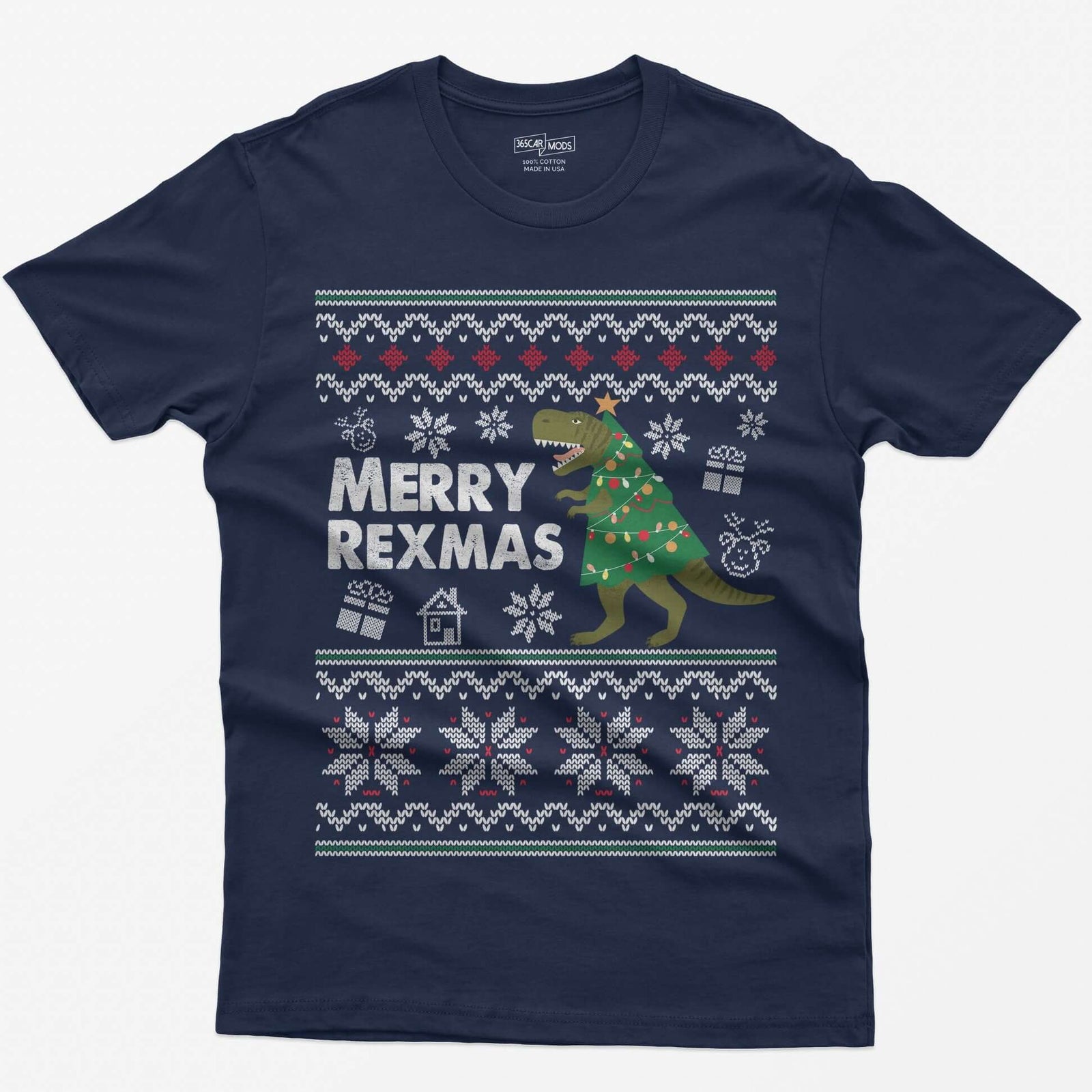 Navy t-shirt with Merry Rexmas, a green T-Rex dressed as a Christmas tree and a knit ugly sweater pattern