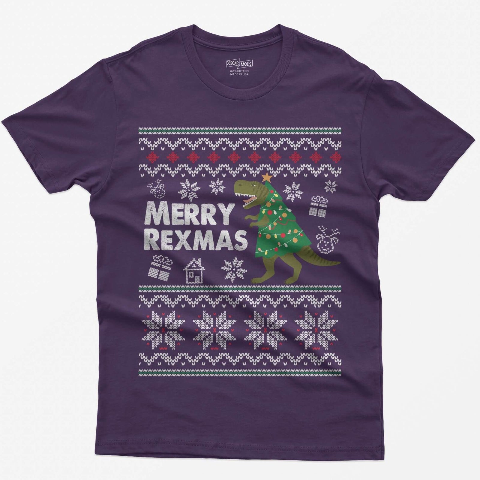 Purple t-shirt with Merry Rexmas, a green T-Rex dressed as a Christmas tree and a knit ugly sweater pattern