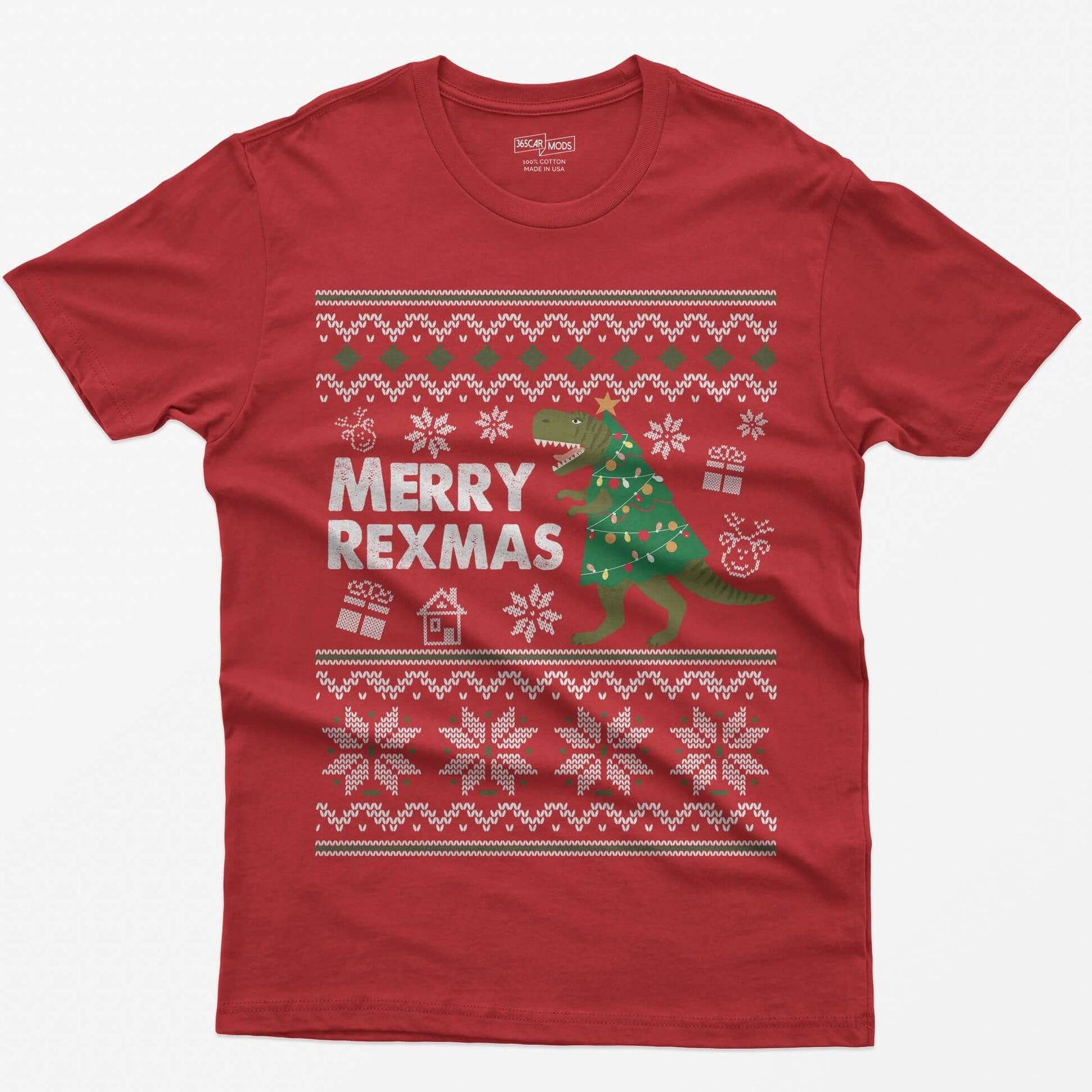 Red t-shirt with Merry Rexmas, a green T-Rex dressed as a Christmas tree and a knit ugly sweater pattern