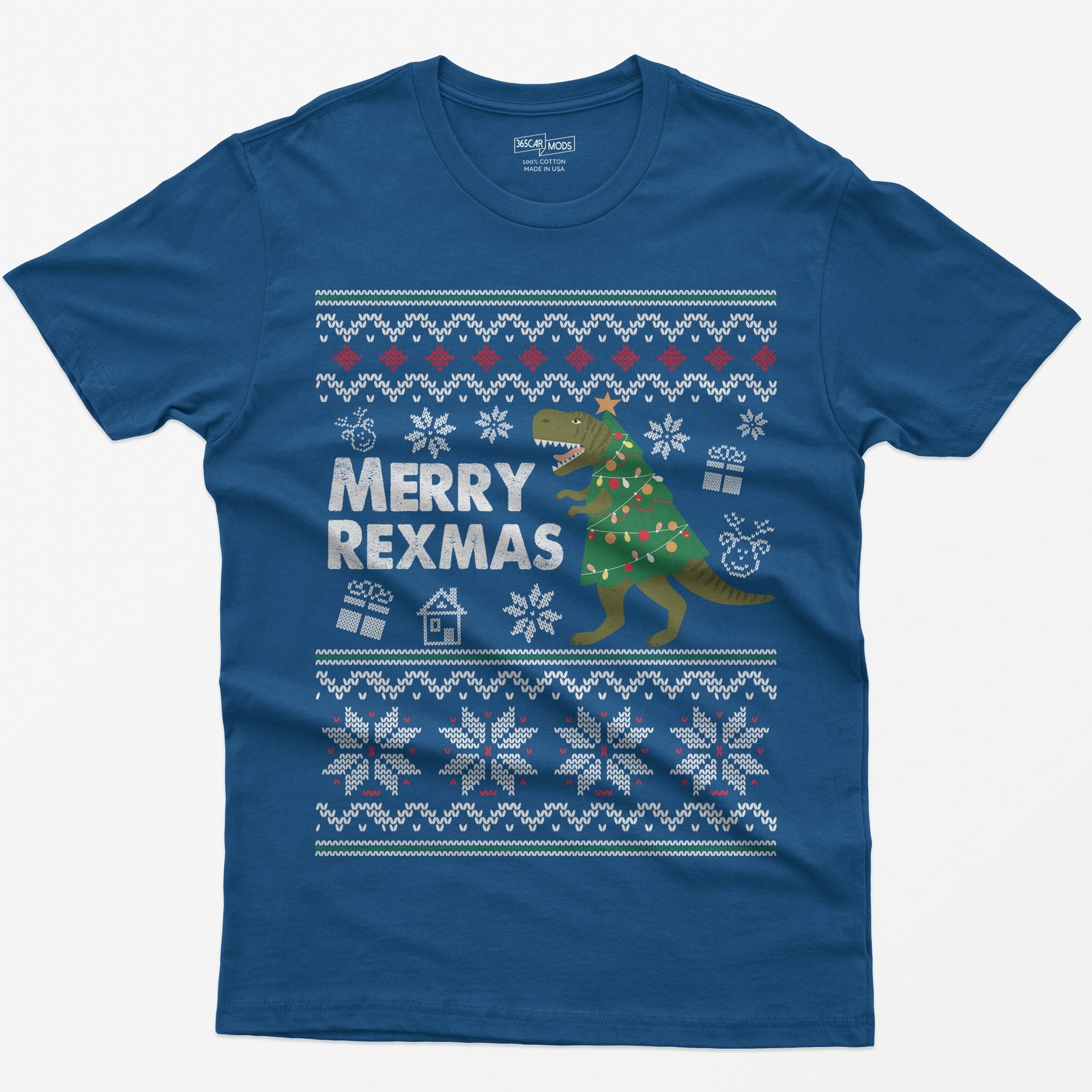 Royal t-shirt with Merry Rexmas, a green T-Rex dressed as a Christmas tree and a knit ugly sweater pattern