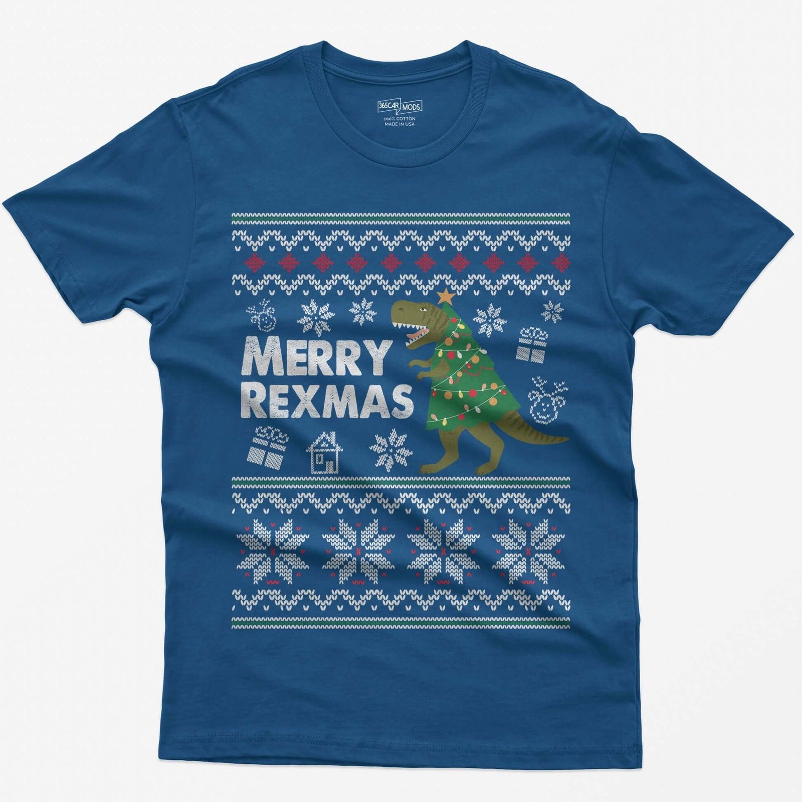 Royal t-shirt with Merry Rexmas, a green T-Rex dressed as a Christmas tree and a knit ugly sweater pattern