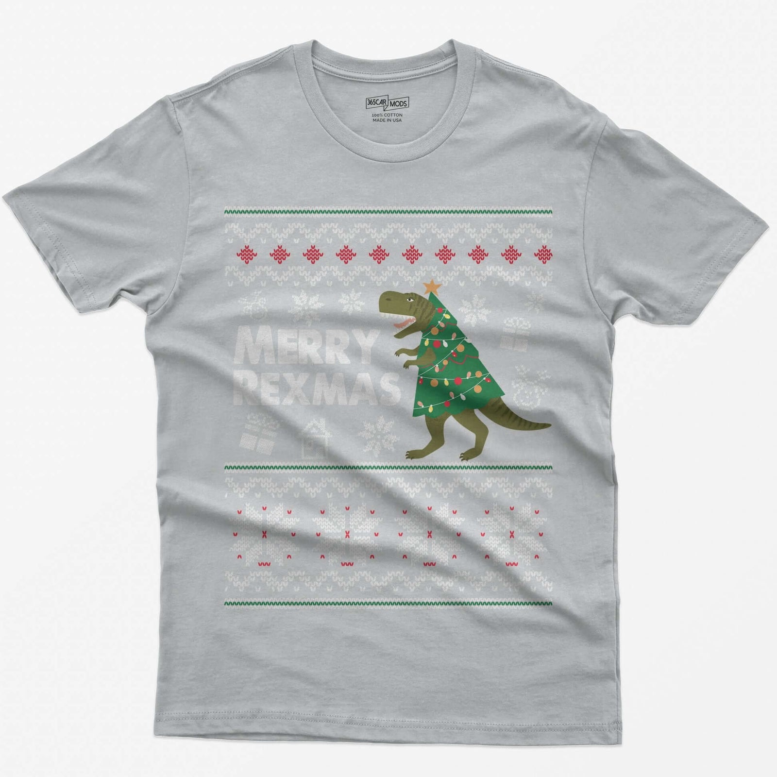 Sport Grey t-shirt with Merry Rexmas, a green T-Rex dressed as a Christmas tree and a knit ugly sweater pattern