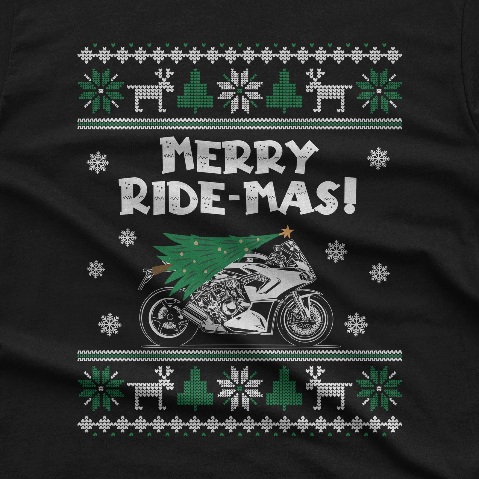 Merry Ride-mas Sportbike Christmas T-Shirt design close-up