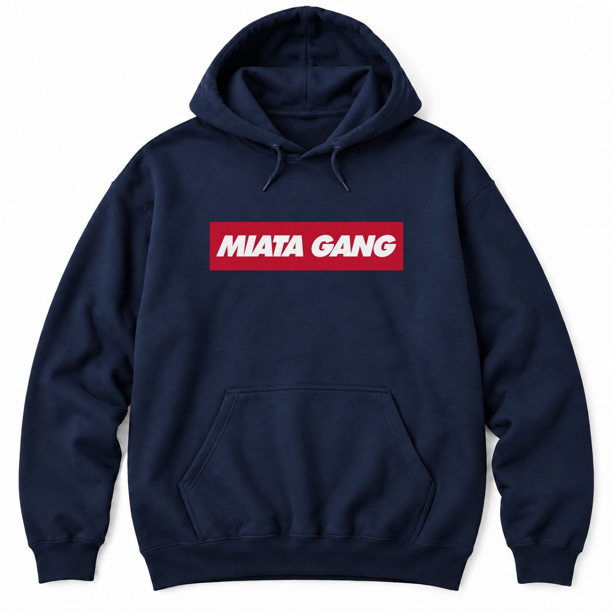 Navy hoodie with a red box logo and bold white italic lettering for a JDM roadster gang