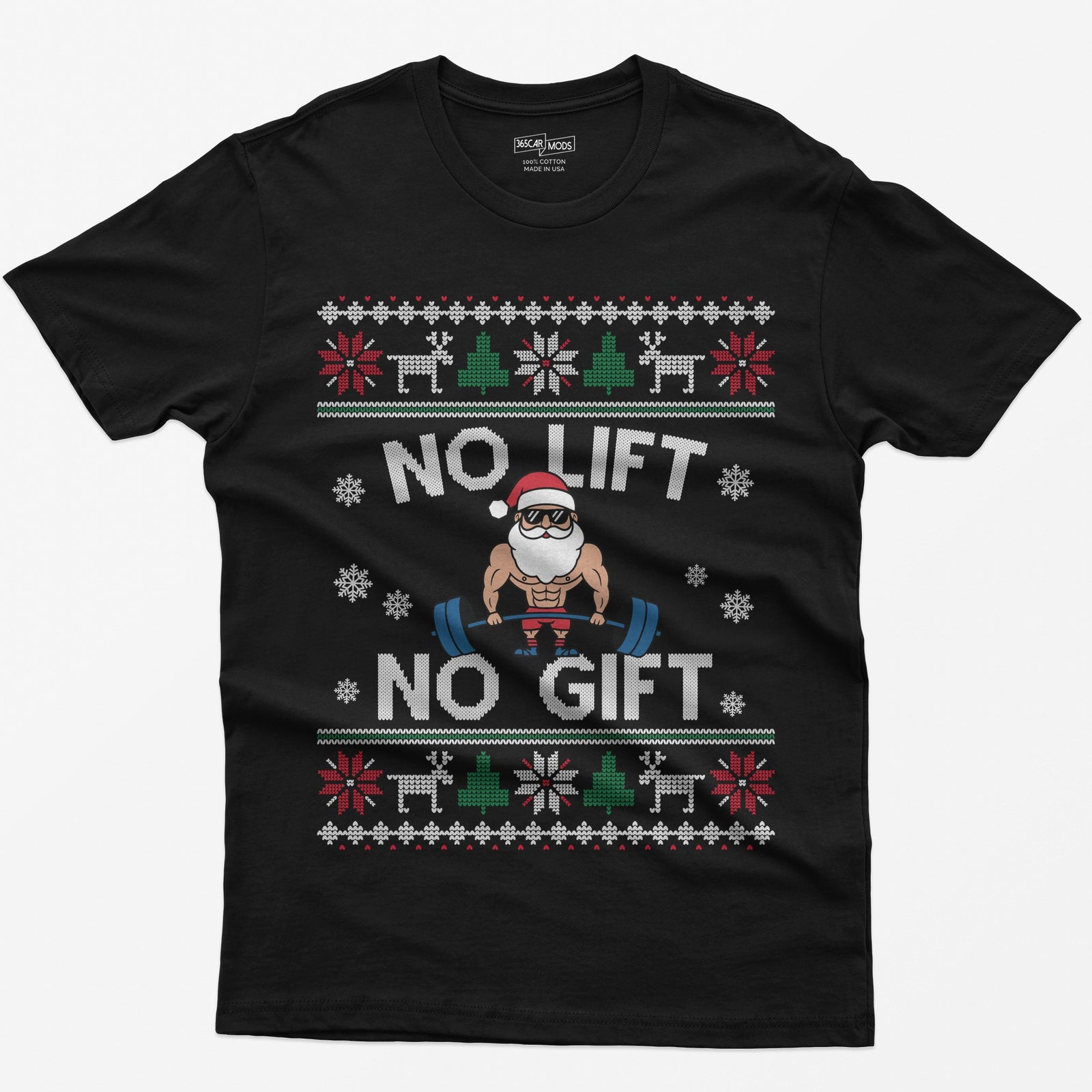 Black t-shirt with No Lift No Gift knit-style print and a muscular Santa deadlifting a barbell inside ugly sweater borders