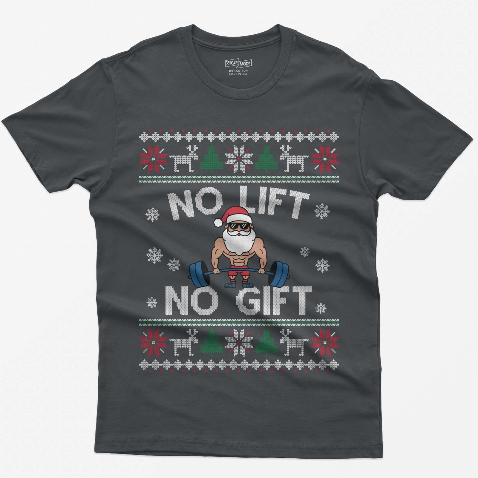 Charcoal t-shirt with No Lift No Gift knit-style print and a muscular Santa deadlifting a barbell inside ugly sweater borders