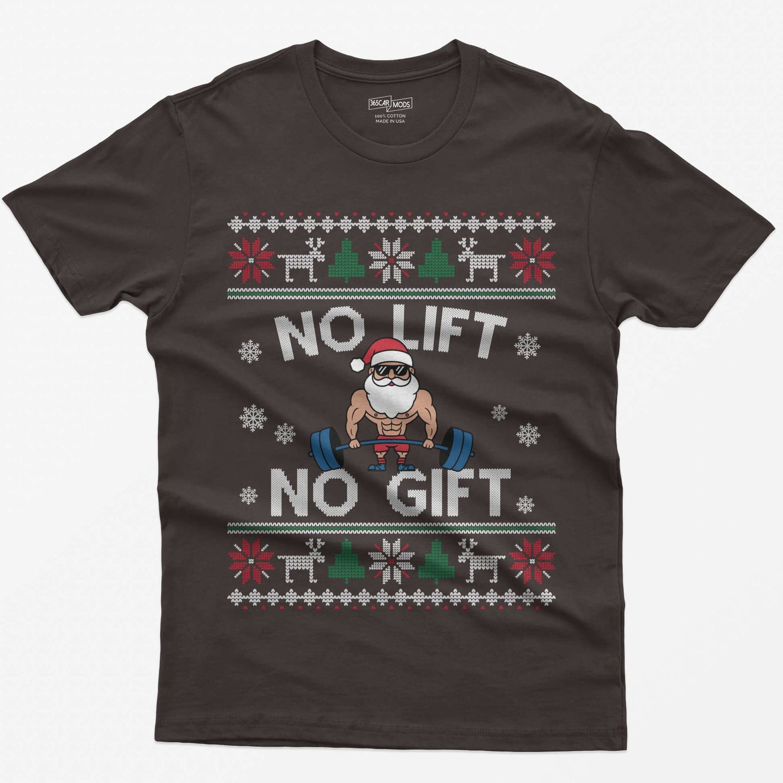 Dark Chocolate t-shirt with No Lift No Gift knit-style print and a muscular Santa deadlifting a barbell inside ugly sweater borders