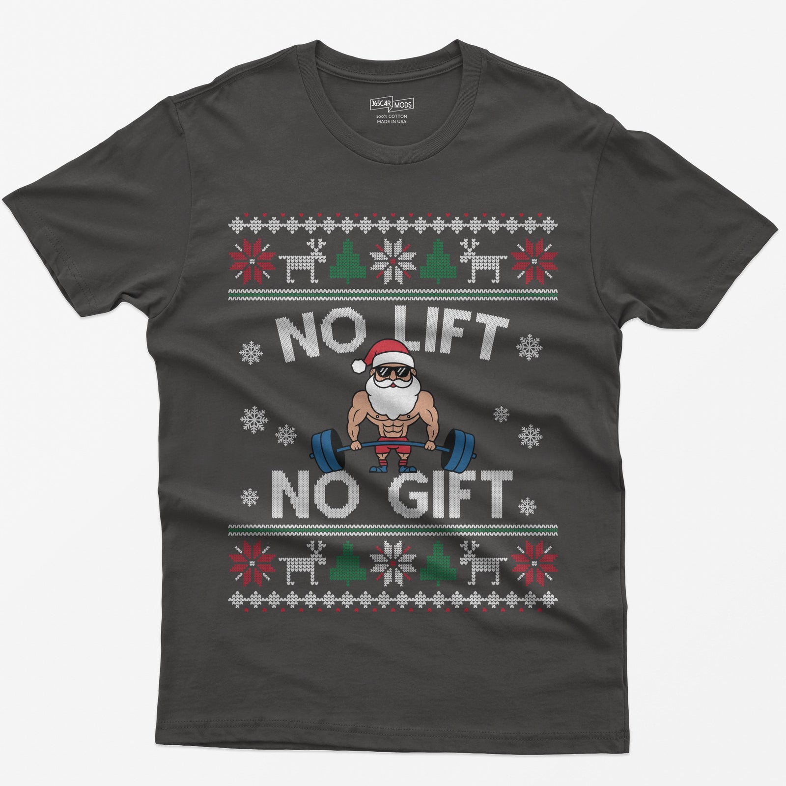 Dark Heather t-shirt with No Lift No Gift knit-style print and a muscular Santa deadlifting a barbell inside ugly sweater borders