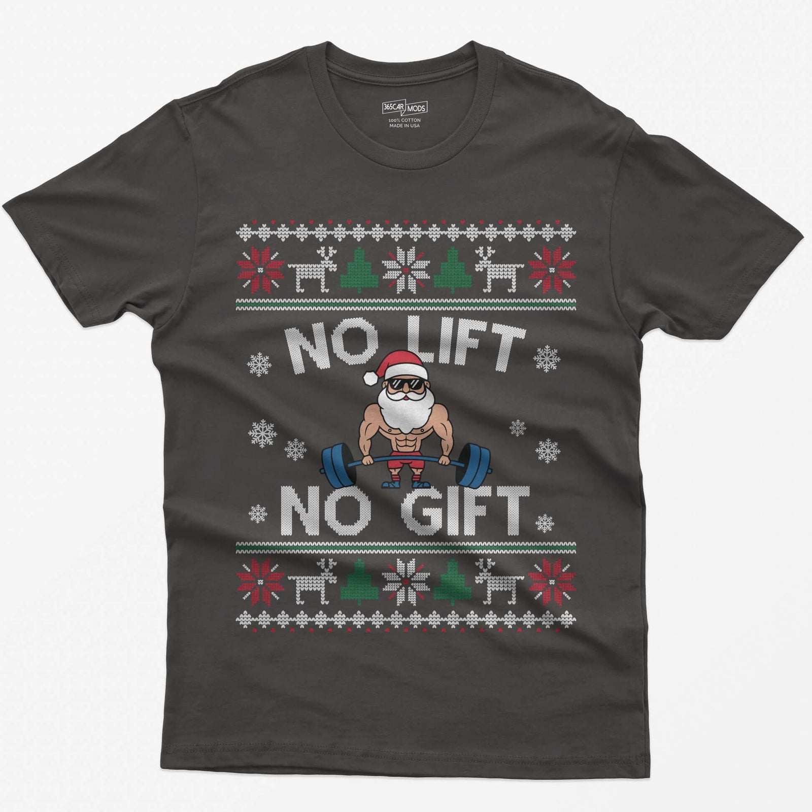 Dark Heather t-shirt with No Lift No Gift knit-style print and a muscular Santa deadlifting a barbell inside ugly sweater borders