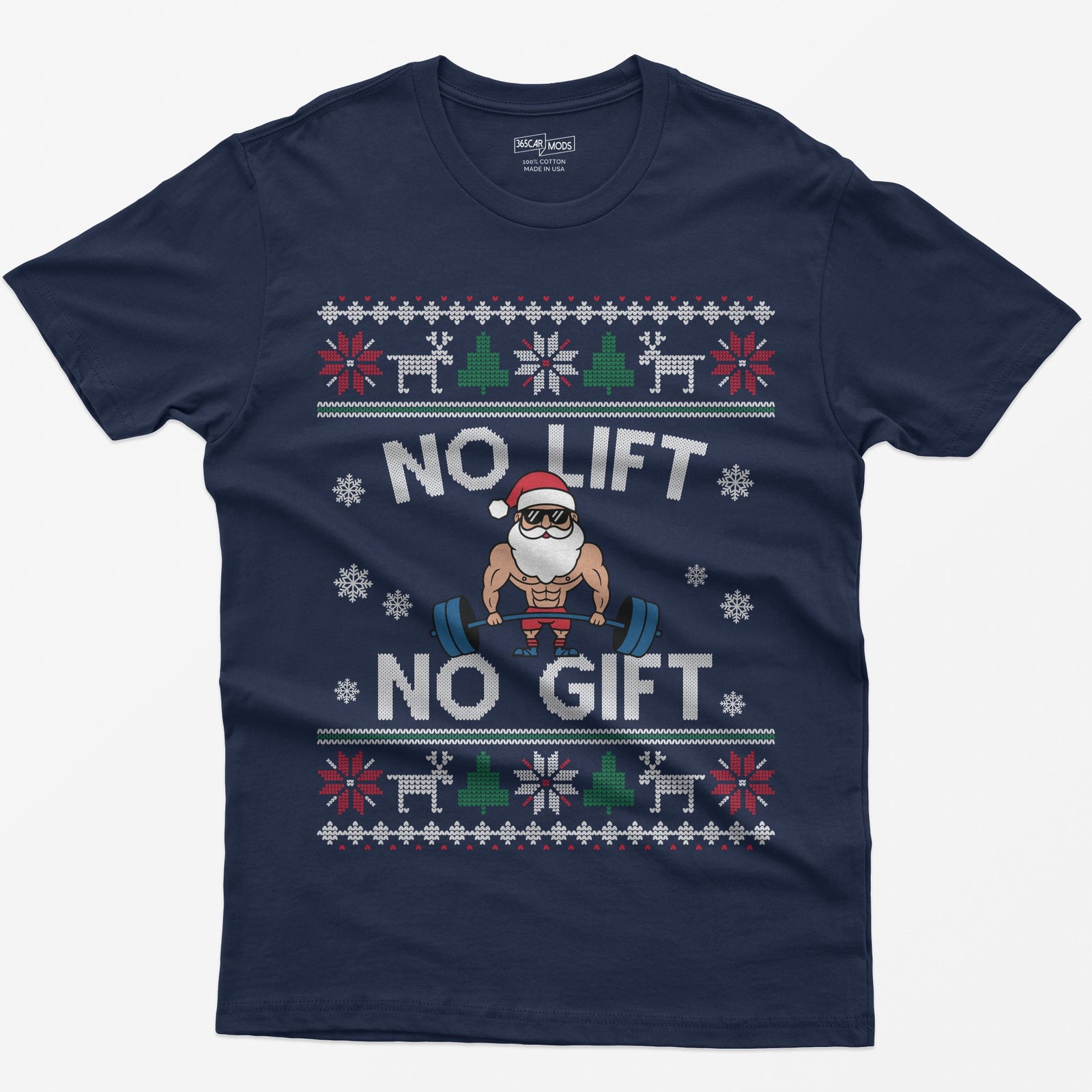 Navy t-shirt with No Lift No Gift knit-style print and a muscular Santa deadlifting a barbell inside ugly sweater borders