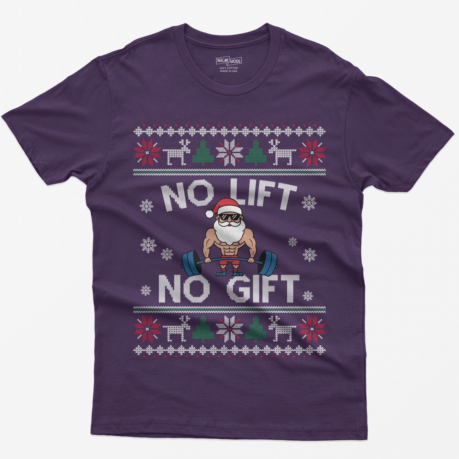Purple t-shirt with No Lift No Gift knit-style print and a muscular Santa deadlifting a barbell inside ugly sweater borders