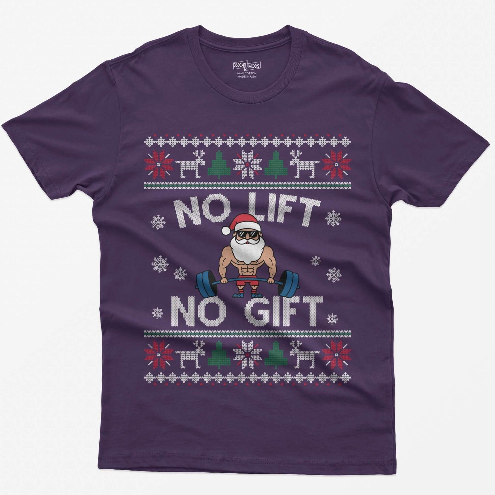 Purple t-shirt with No Lift No Gift knit-style print and a muscular Santa deadlifting a barbell inside ugly sweater borders