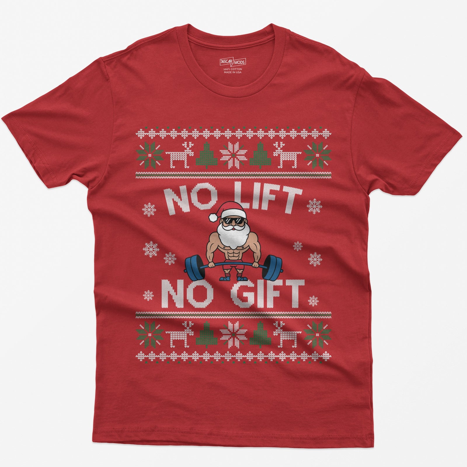 Red t-shirt with No Lift No Gift knit-style print and a muscular Santa deadlifting a barbell inside ugly sweater borders