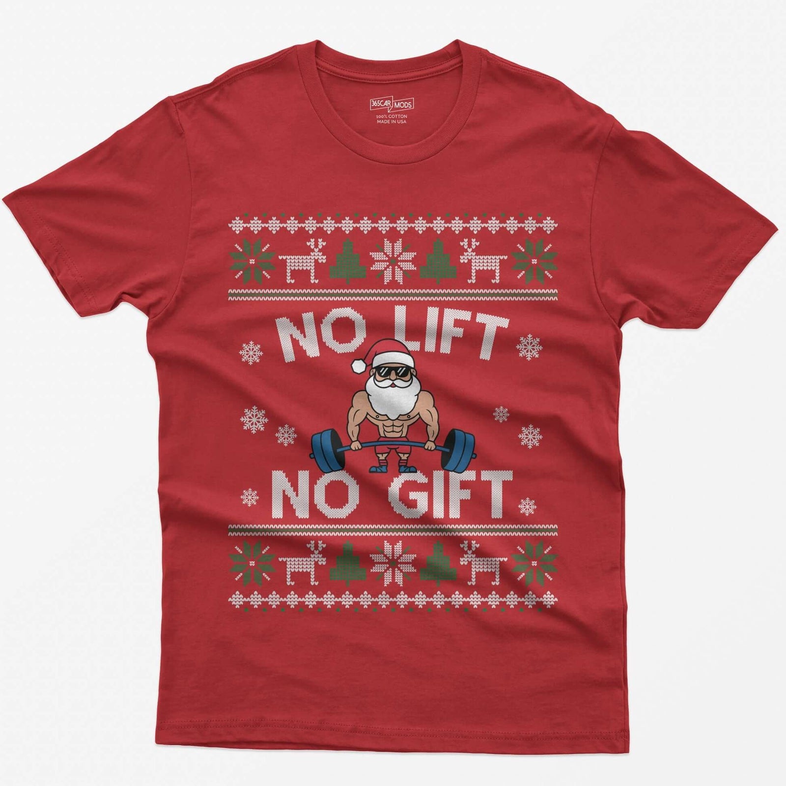 Red t-shirt with No Lift No Gift knit-style print and a muscular Santa deadlifting a barbell inside ugly sweater borders