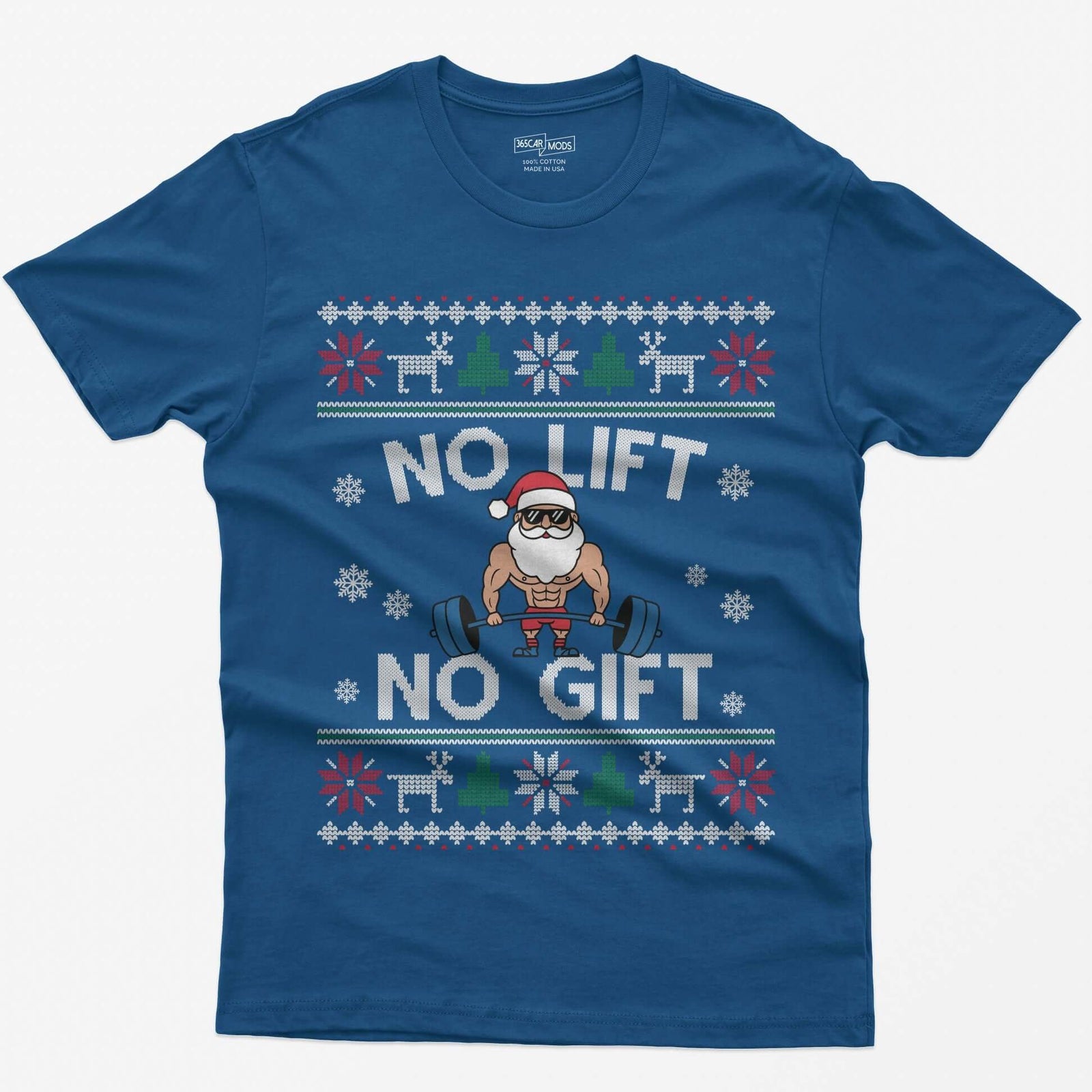 Royal t-shirt with No Lift No Gift knit-style print and a muscular Santa deadlifting a barbell inside ugly sweater borders