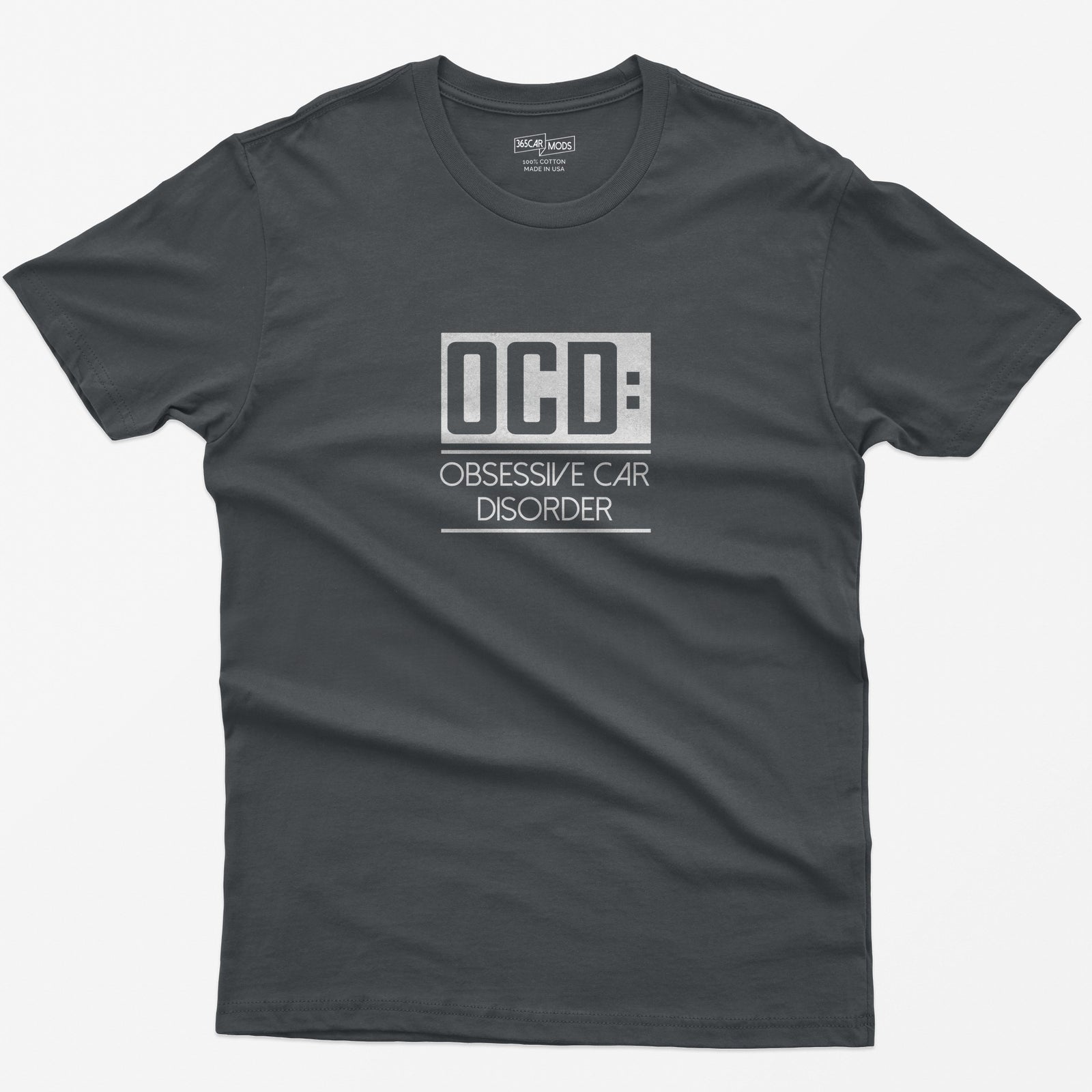 Charcoal t-shirt with small boxed OCD: Obsessive Car Disorder print on the chest