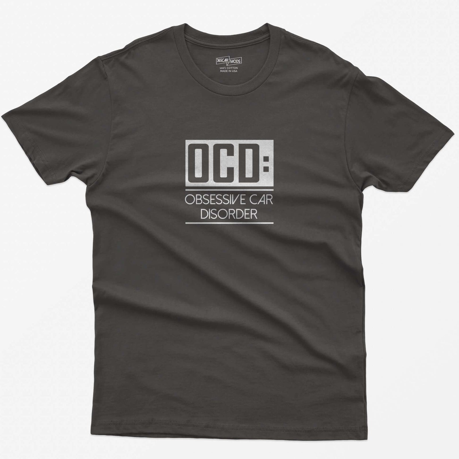 Dark Heather t-shirt with small boxed OCD: Obsessive Car Disorder print on the chest