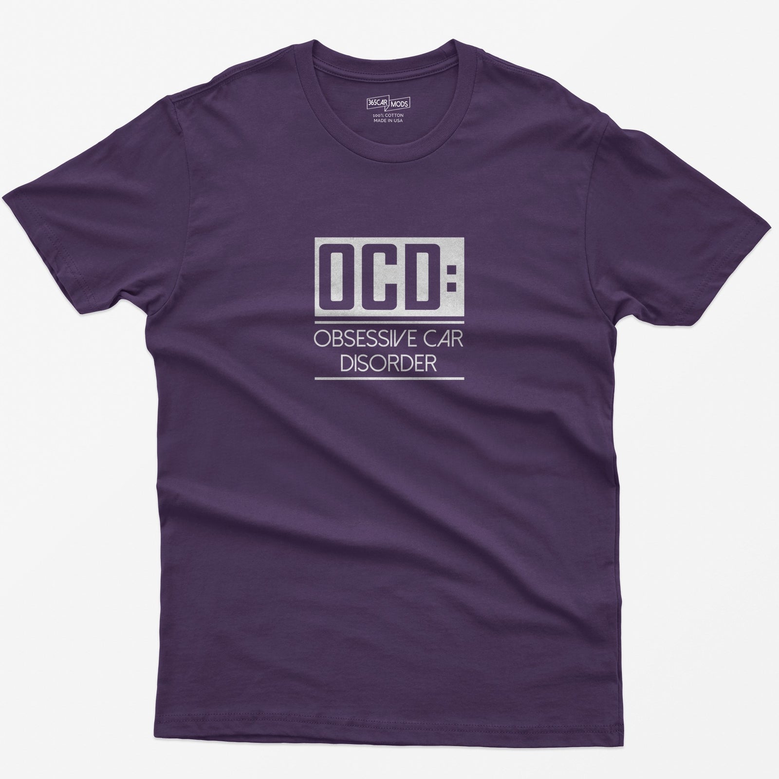 Purple t-shirt with small boxed OCD: Obsessive Car Disorder print on the chest