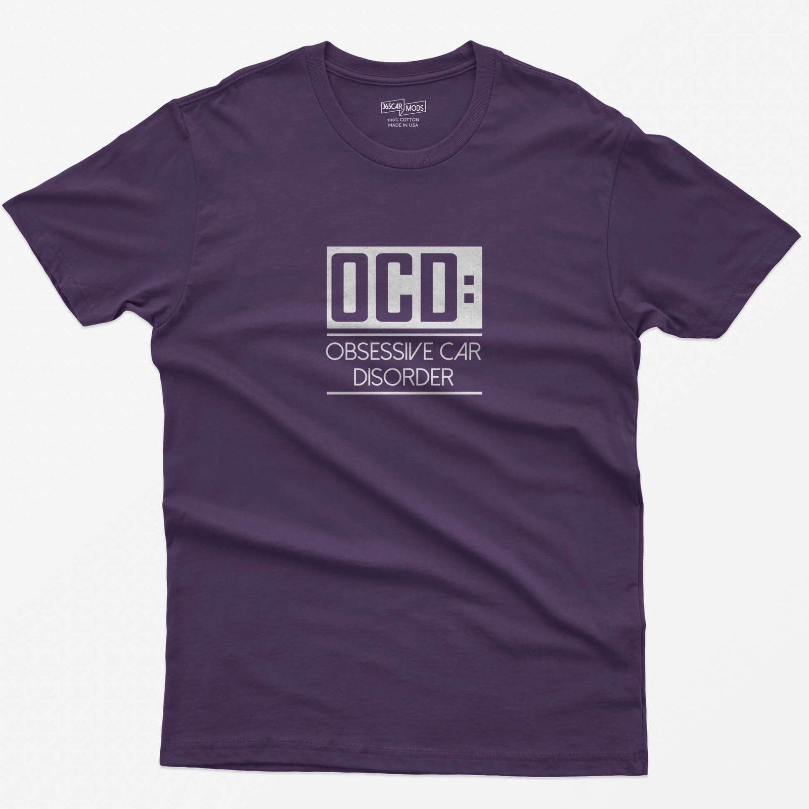 Purple t-shirt with small boxed OCD: Obsessive Car Disorder print on the chest