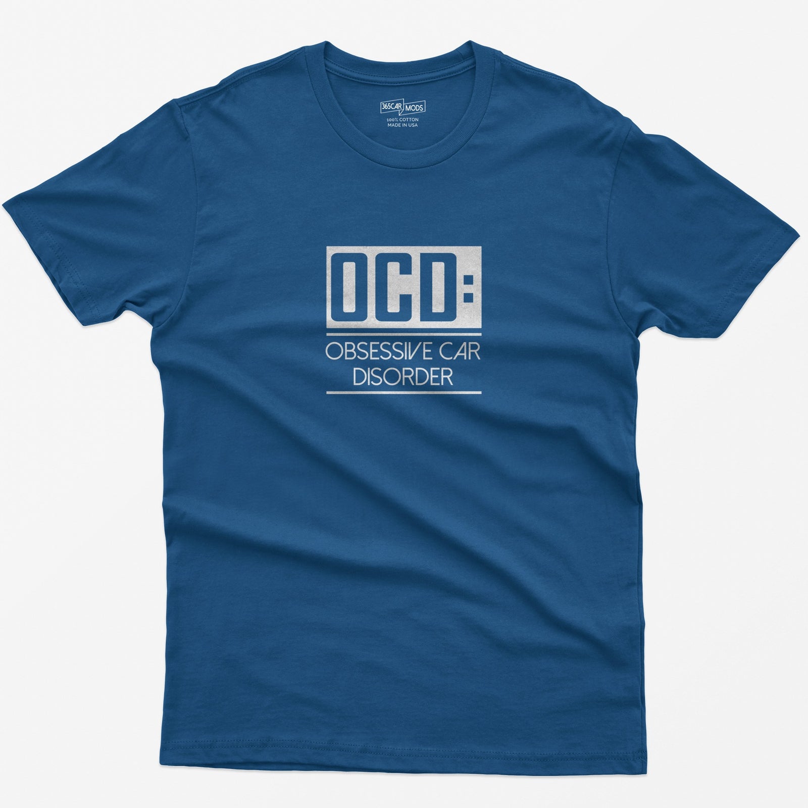 Royal t-shirt with small boxed OCD: Obsessive Car Disorder print on the chest