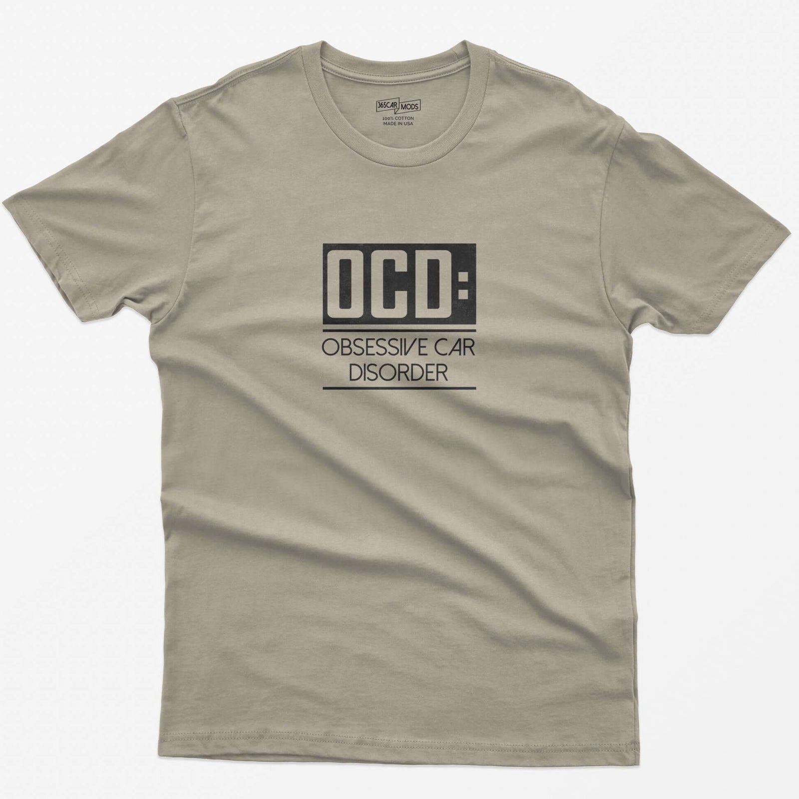 Sand t-shirt with small boxed OCD: Obsessive Car Disorder print on the chest
