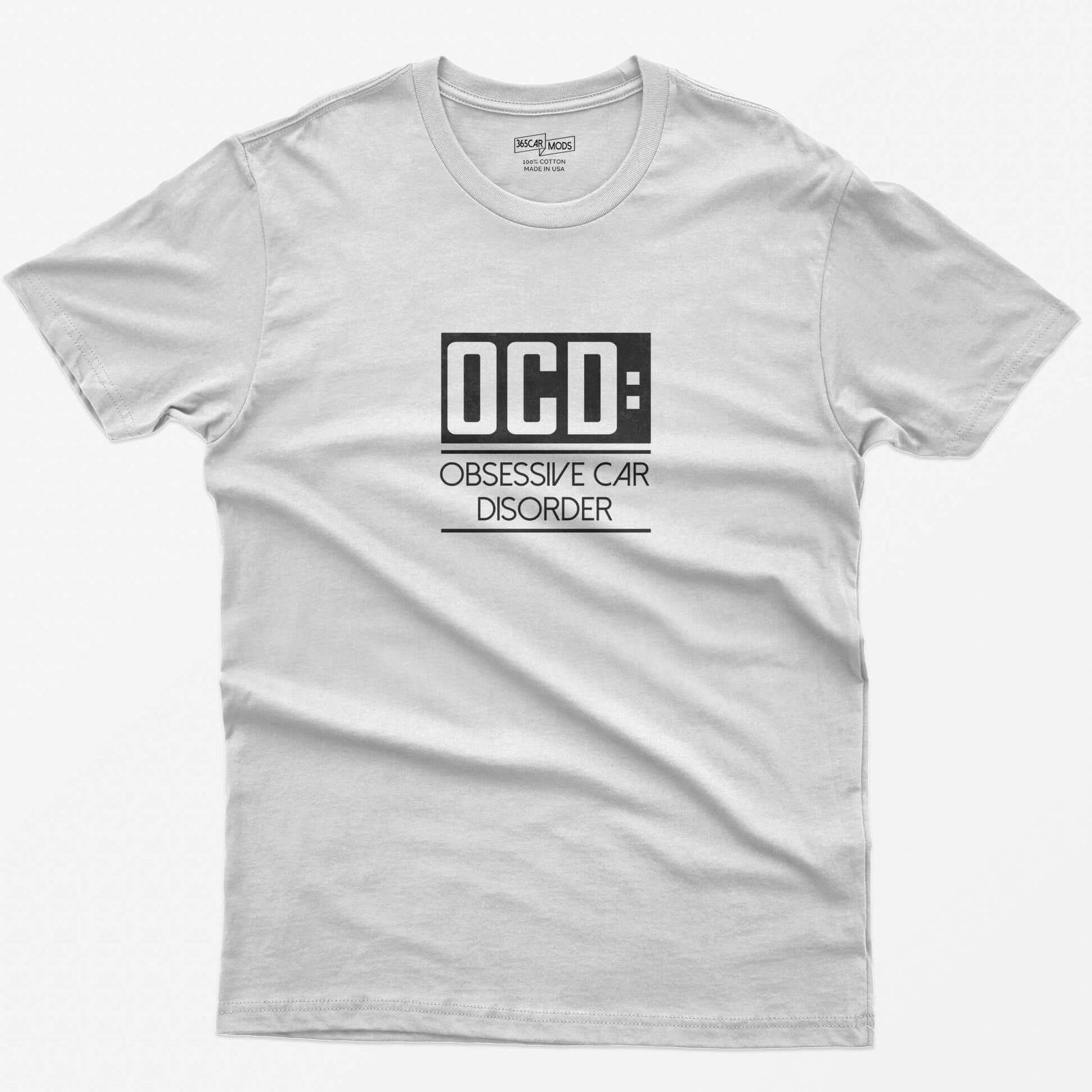White t-shirt with small boxed OCD: Obsessive Car Disorder print on the chest