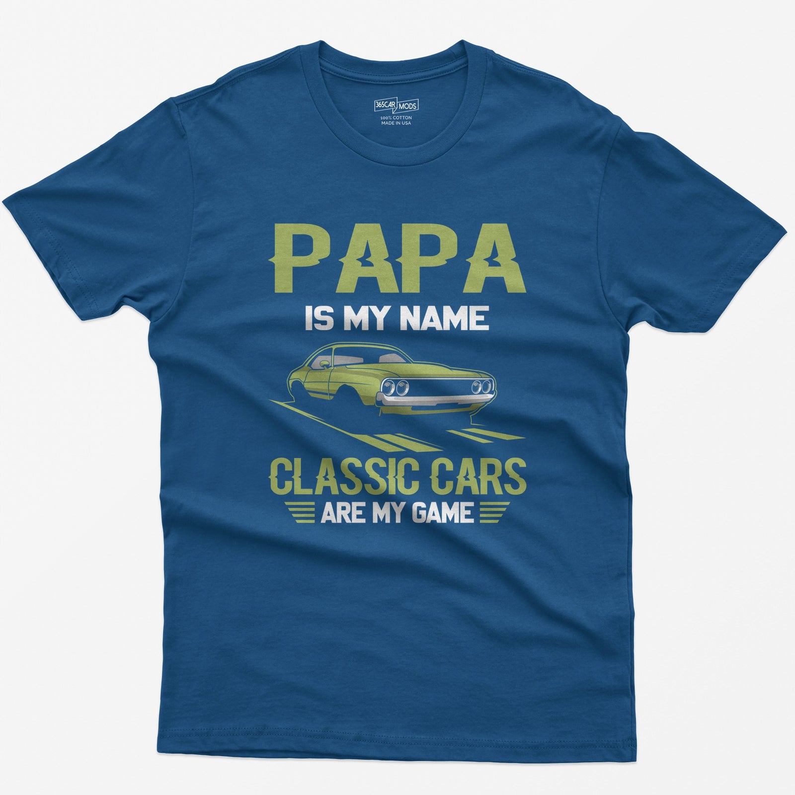 Royal t-shirt with Papa Is My Name Classic Cars Are My Game text and a lime green classic American muscle coupe