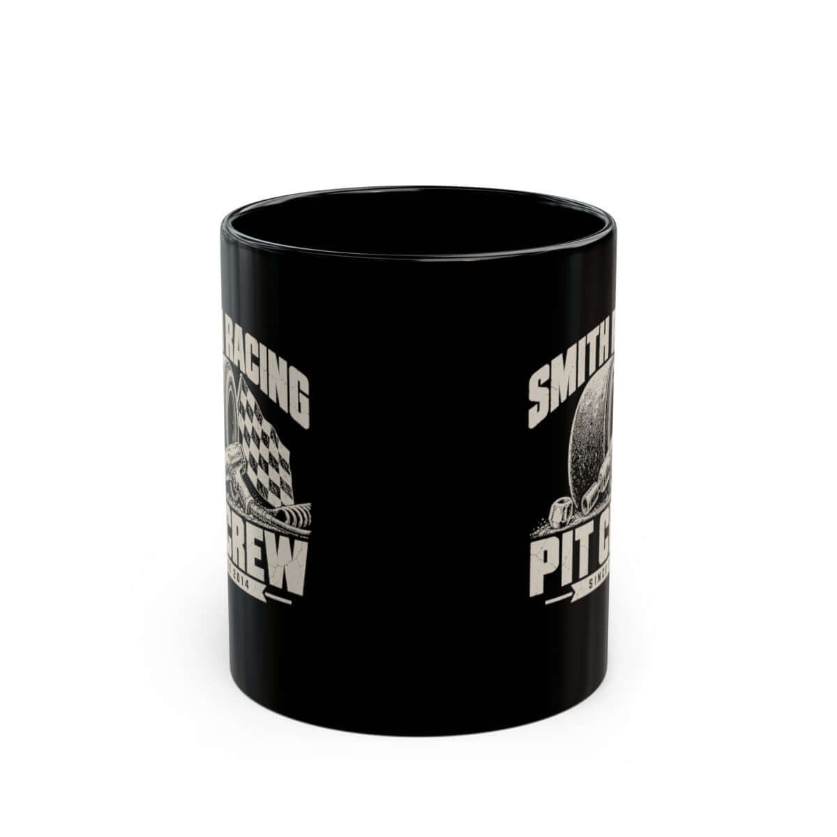 Pit Crew Personalized Racing Mug - 11oz black coffee mug, front view with print on both sides