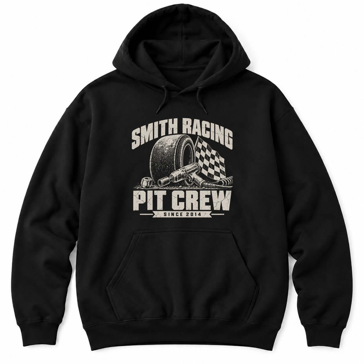 Black hoodie with a personalized Smith Racing Pit Crew Since 2014 print: racing slick, impact wrench and checkered flag