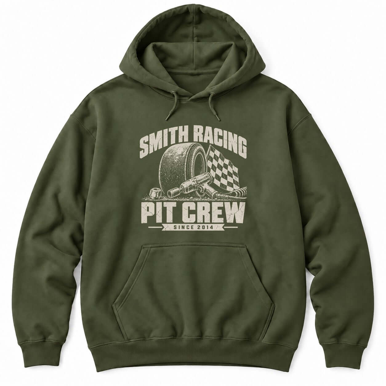 Military Green hoodie with a personalized Smith Racing Pit Crew Since 2014 print: racing slick, impact wrench and checkered flag