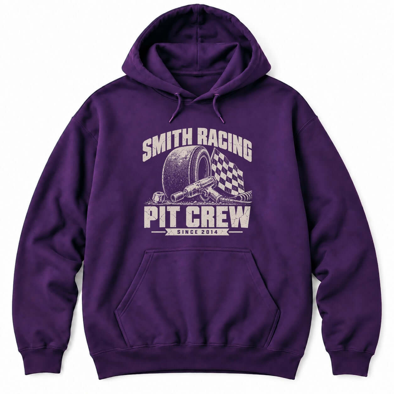 Purple hoodie with a personalized Smith Racing Pit Crew Since 2014 print: racing slick, impact wrench and checkered flag