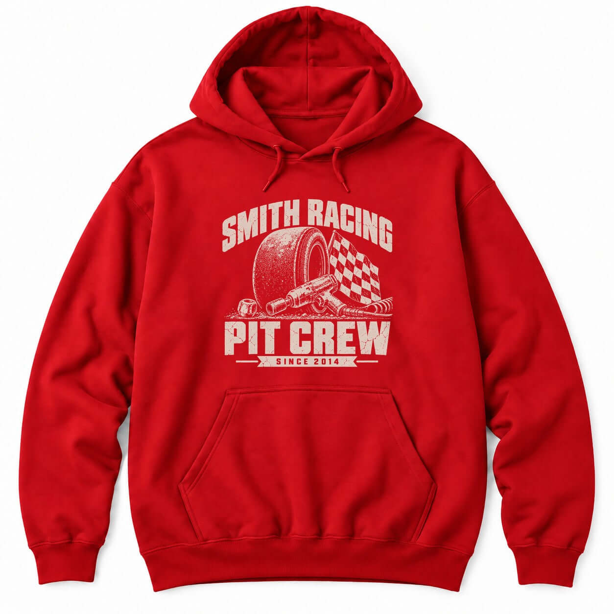Red hoodie with a personalized Smith Racing Pit Crew Since 2014 print: racing slick, impact wrench and checkered flag