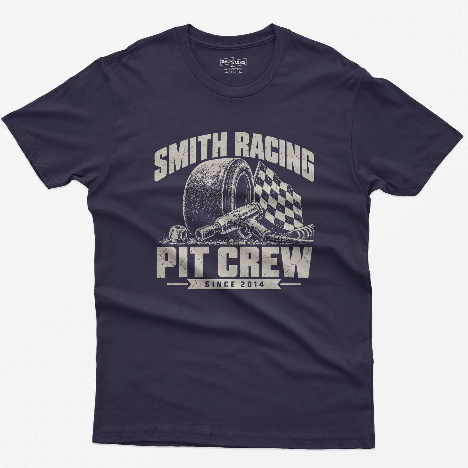 Blackberry t-shirt with a personalized Smith Racing Pit Crew Since 2014 print: racing slick, impact wrench and checkered flag
