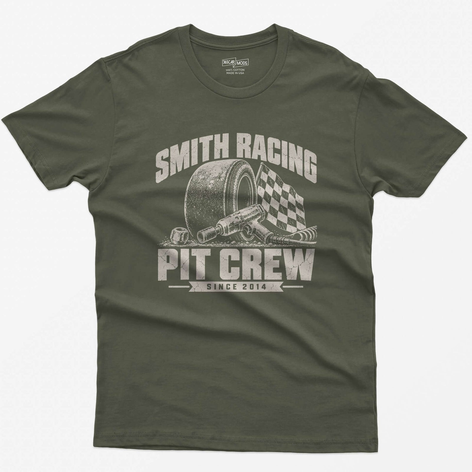 Military Green t-shirt with a personalized Smith Racing Pit Crew Since 2014 print: racing slick, impact wrench and checkered flag