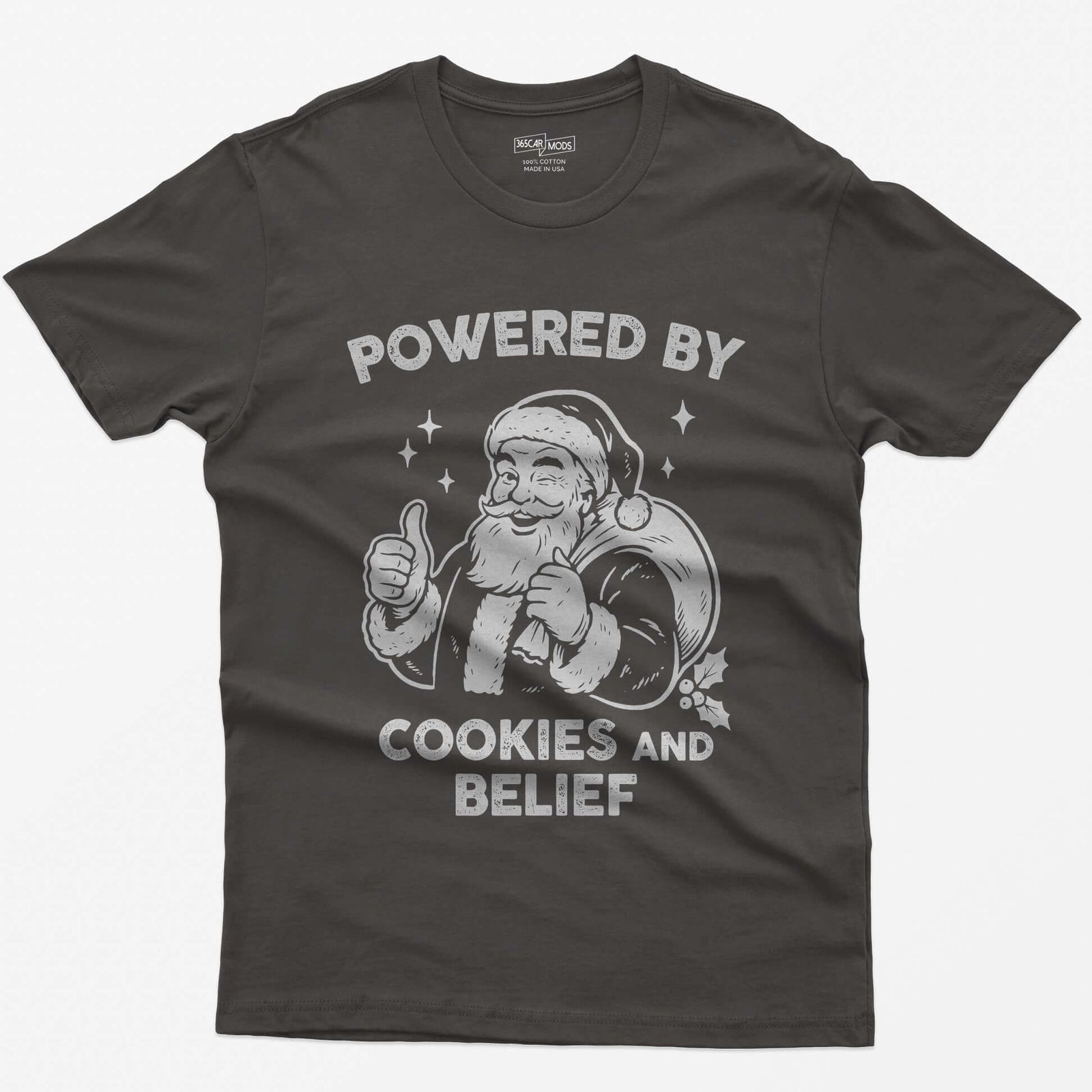 Dark Heather t-shirt with vintage white print of a winking Santa giving a thumbs up and the words Powered by Cookies and Belief
