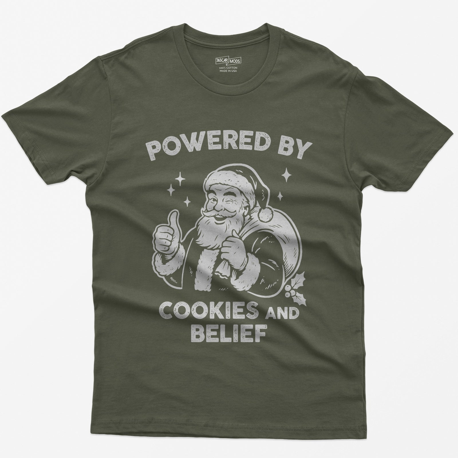 Military Green t-shirt with vintage white print of a winking Santa giving a thumbs up and the words Powered by Cookies and Belief